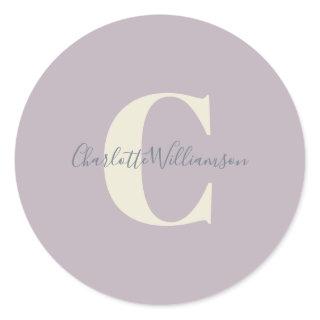 Simple Personalized Monogram and Name in Lilac  Classic Round Sticker