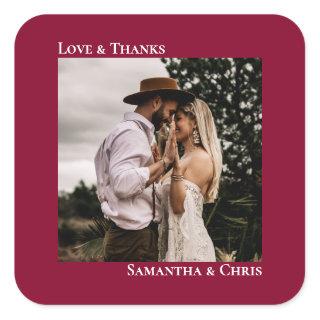 Simple Photo Cranberry Red Love & Thanks Wedding Square Sticker