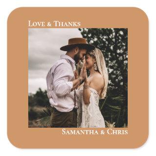 Simple Photo Golden Tan Love & Thanks Wedding Square Sticker