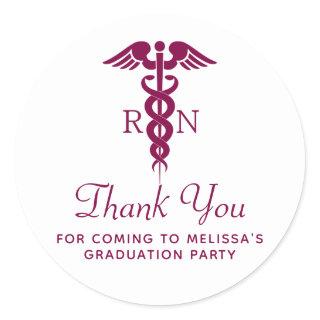 Simple Red Caduceus RN Graduate Thank You Classic Round Sticker
