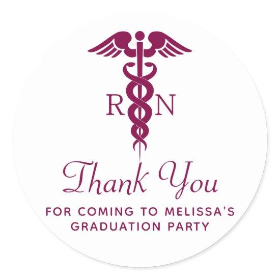 Simple Red Caduceus RN Graduate Thank You Classic Round Sticker
