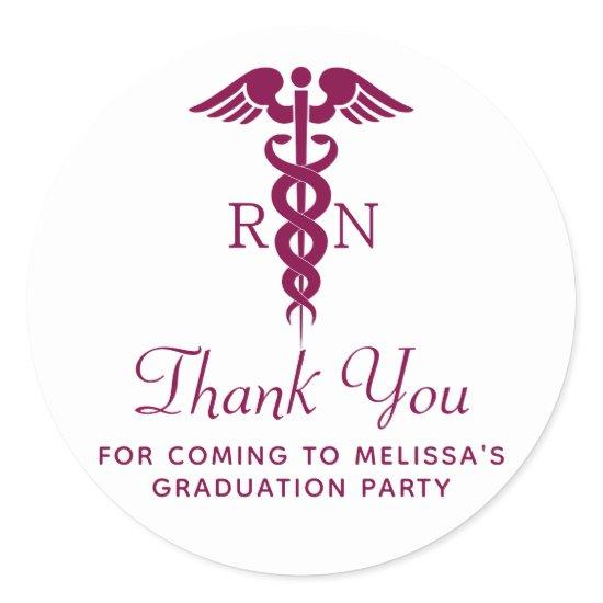 Simple Red Caduceus RN Graduate Thank You Classic Round Sticker