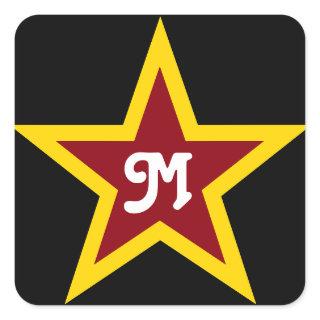 Simple Red & Yellow Star Custom Monogram on Black Square Sticker