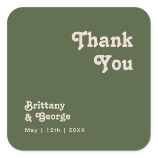 Simple Retro | Olive Green Thank You Wedding Favor Square Sticker