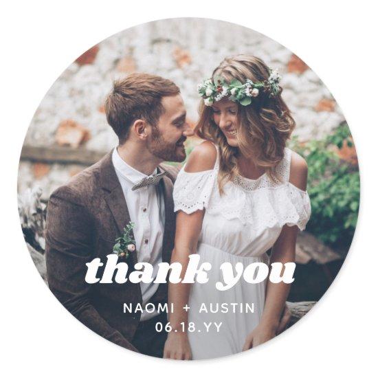 Simple Retro Typography & Photo Wedding Thank You Classic Round Sticker