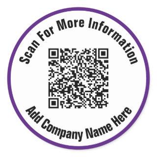Simple Royal Purple and White Text Scan QR Code  Classic Round Sticker