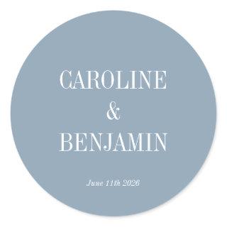 Simple Stylish Elegant Dusty Blue Custom Wedding Classic Round Sticker