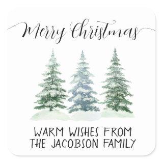 Simple Watercolor Pine Trees Merry Christmas Square Sticker