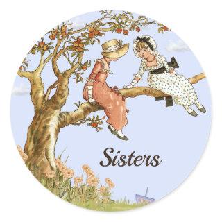 Sisters, Vintage Girls in Apple Tree Classic Round Sticker