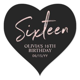 Sixteen Rose gold & Black Sweet 16 Birthday Party Heart Sticker