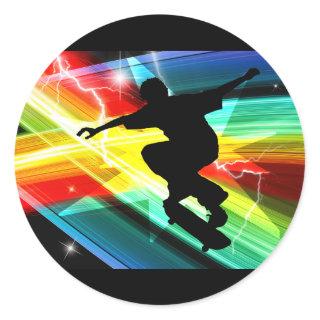 Skateboarder in Criss Cross Lightning Classic Round Sticker