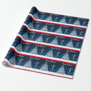 Skeleton and Christmas tree on blue