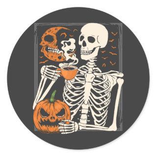 Skeleton Drinking Coffee Lover Halloween Skull Classic Round Sticker