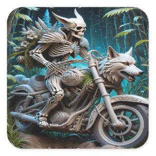 skeleton on a chopper mounted with a wolf head square sticker