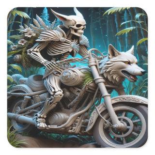 skeleton on a chopper mounted with a wolf head square sticker