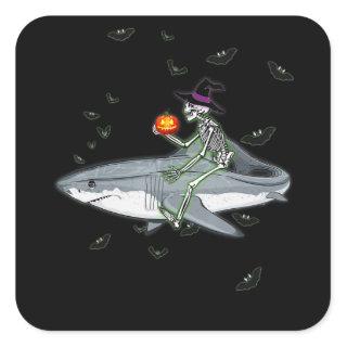 Skeleton Riding Shark — Funny Halloween Shark Gift Square Sticker