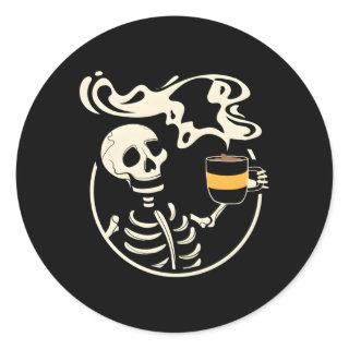 Skeleton With Smiling Skull Drinking Coffee Classic Round Sticker
