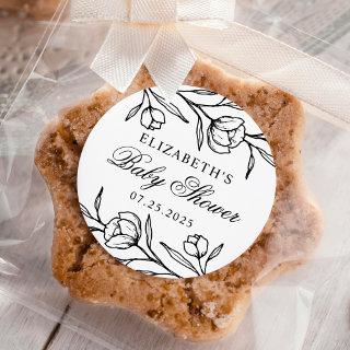 Sketched Floral Black and White Baby Shower Classic Round Sticker