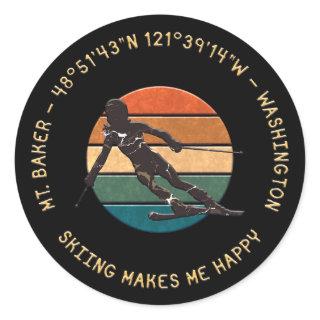 Ski Mt. Baker, Washington - Lady Skier Yellow Text Classic Round Sticker