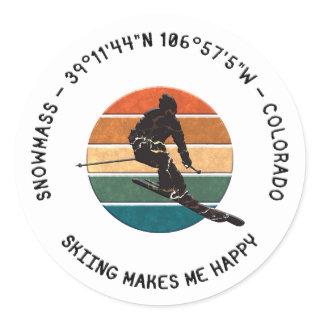 Ski Snowmass, Colorado - Man Skier, Black Text Classic Round Sticker
