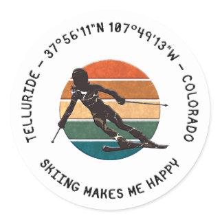 Ski Telluride, Colorado - Woman Skier, Black Text Classic Round Sticker