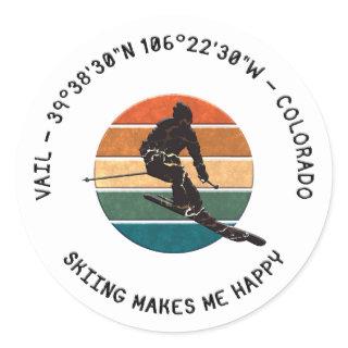 Ski Vail, Colorado - Man Skier, Black Text Classic Round Sticker