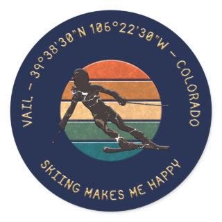 Ski Vail, Colorado - Woman Skier, Golden Text Classic Round Sticker