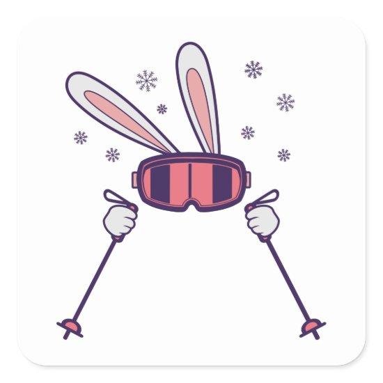 Skiing Rabbit with ski poles and ski goggles Square Sticker