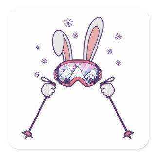 Skiing Rabbit with ski poles and ski goggles Square Sticker