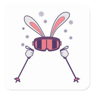 Skiing Rabbit with ski poles and ski goggles Square Sticker