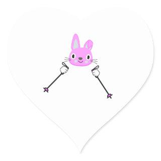 Skiing Rabbit with ski poles Heart Sticker