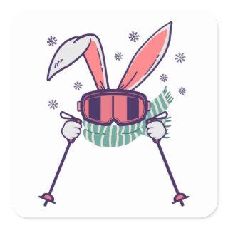 Skiing Rabbit with ski poles ski goggles and scarf Square Sticker