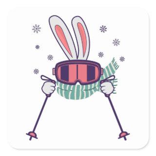 Skiing Rabbit with ski poles ski goggles and scarf Square Sticker