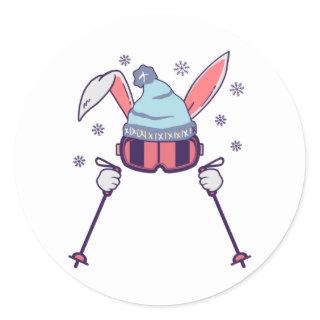 Skiing Rabbit with ski poles ski goggles ski cap Classic Round Sticker