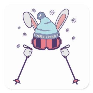 Skiing Rabbit with ski poles ski goggles ski cap Square Sticker