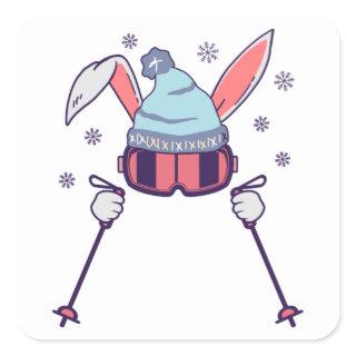 Skiing Rabbit with ski poles ski goggles ski cap Square Sticker
