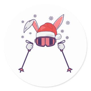 Skiing Santa Rabbit with Santa Hat and ski poles S Classic Round Sticker