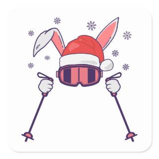 Skiing Santa Rabbit with Santa Hat and ski poles S Square Sticker