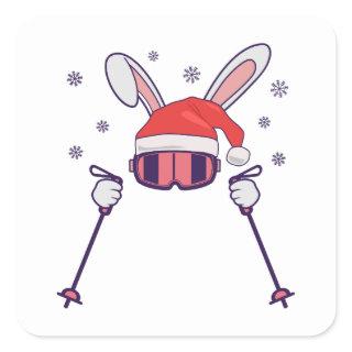 Skiing Santa Rabbit with Santa Hat and ski poles S Square Sticker