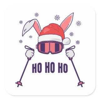 Skiing Santa Rabbit with Santa Hat and ski poles Square Sticker