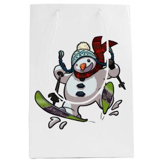 Skiing Snowman In Woolly Christmas Hat Cartoon Medium Gift Bag