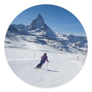 Skiing with Mt. Matterhorn in Zermatt, Switzerland Classic Round Sticker