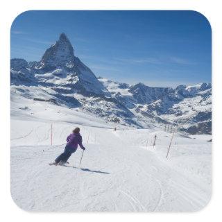 Skiing with Mt. Matterhorn in Zermatt, Switzerland Square Sticker