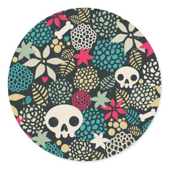 Skull in flowers classic round sticker