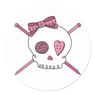 Skull & Knitting Needles (Pink) Classic Round Sticker
