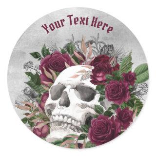 Skull Roses Burgundy Maroon Gray Personalized Classic Round Sticker