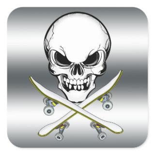 Skull sticker with skateboards silver