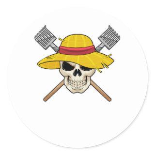 Skull with Hat as Farmer with Rake Classic Round Sticker