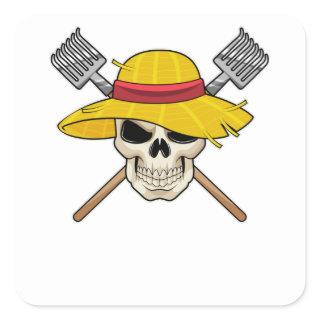 Skull with Hat as Farmer with Rake Square Sticker