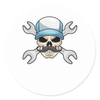 Skull with Mustache & Wrench Classic Round Sticker